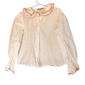 Coconut Kids Girls White Embroidered Floral Collar Ruffled Cuff Blouse Size 6